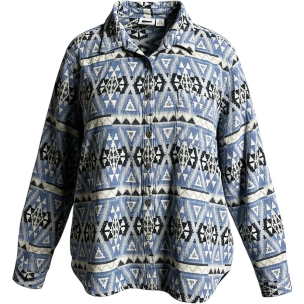 Vintage Womens Aztec Button Top Size 3X Blue Thick Long Sleeve Woven Western